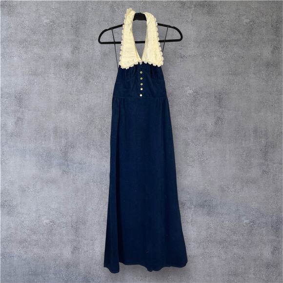Vintage Navy Blue Halter Dress Lace Collar Cottage Luxe Small 7 Velour Victorian - Picture 3 of 7